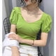 thumbnail image 3 of Camisa de mujer Blusa de manga corta con cuello en V y manga abullonada Blusa informal, Verde, XL sidaley AP001254-09B, 3 of 7