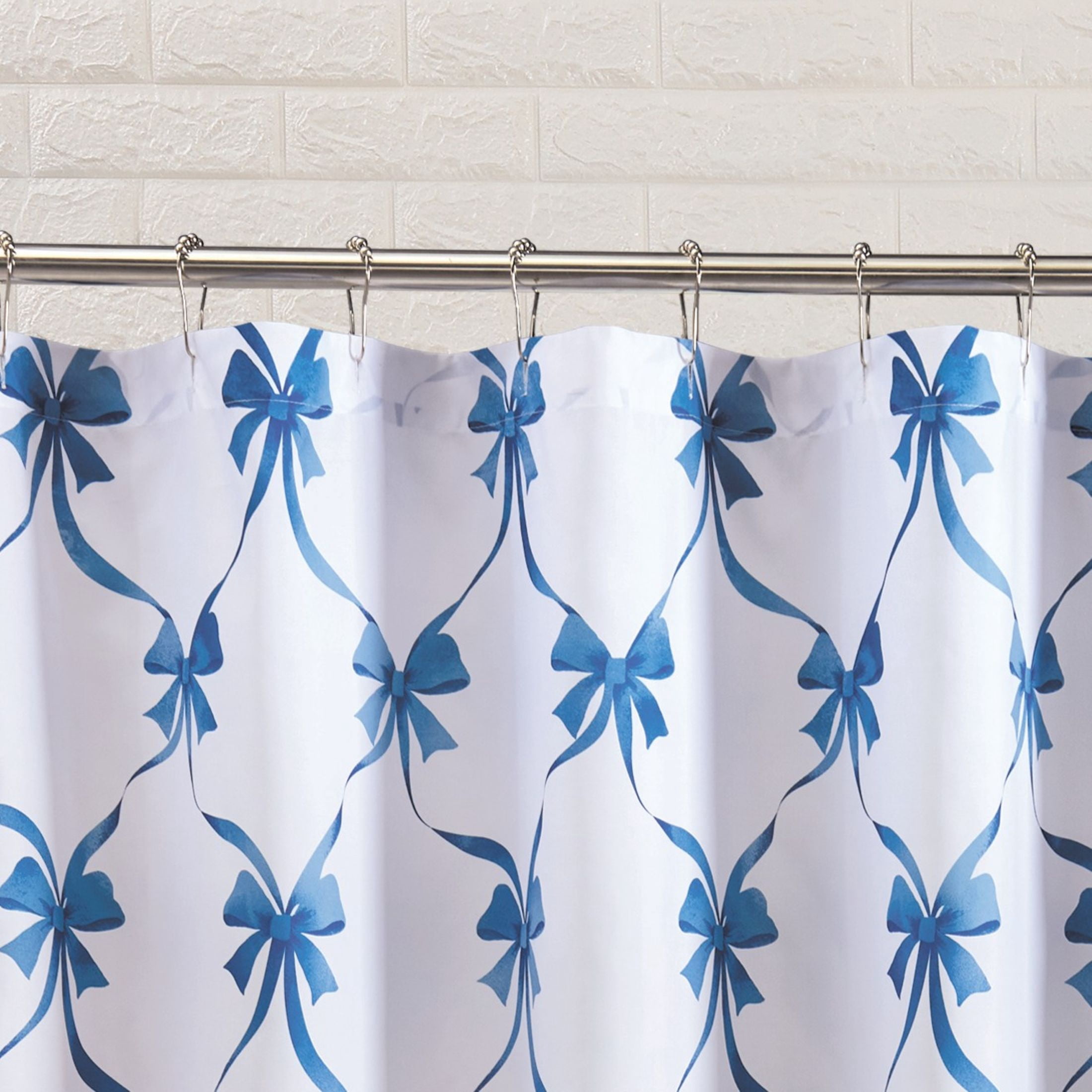Modern Heirloom Abigail Bow Blue and White Microfiber Decorative Fabric Shower Curtain, 72” x 72"