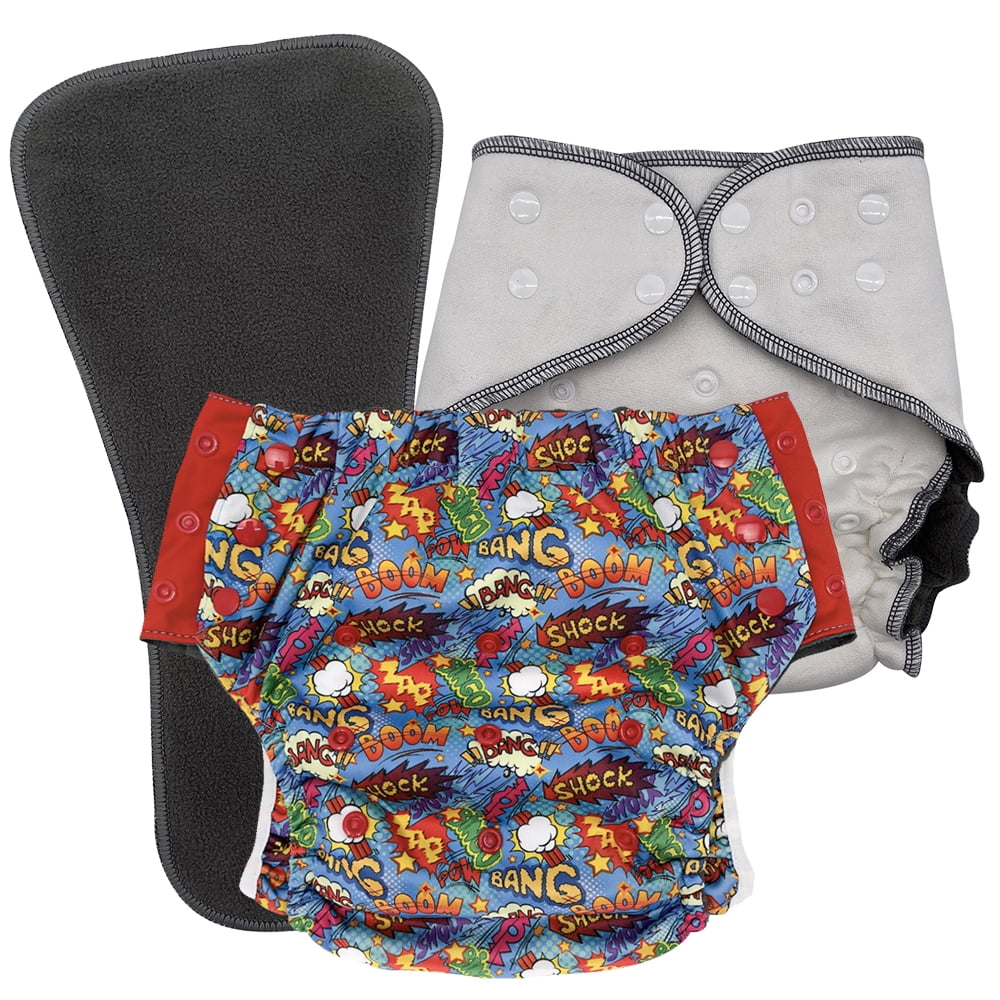 Reusable Cloth Incontinence Diaper for Kids 6–16, Overnight Absorbency, EcoAble, Junior 1, Bang Boom Comic