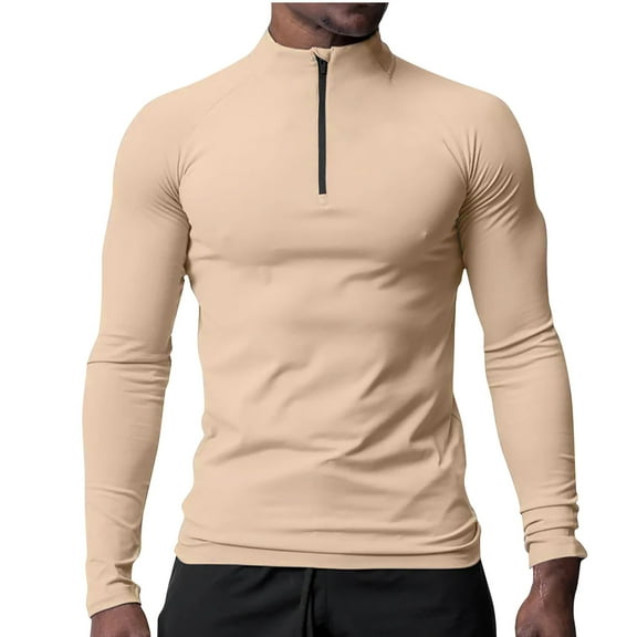 Aofany Men's Summer Sunscreen Long Sleeve Tops Lightweight Breathable Solid Color Zipper Stand Collar Slim Fit T Shirt Blouse
