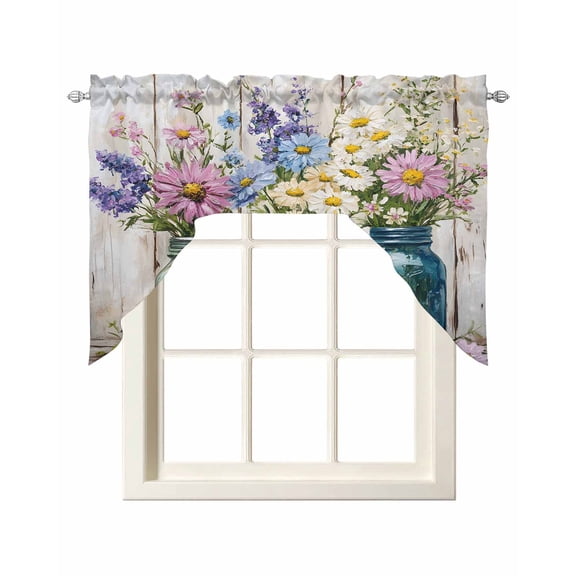 Daisies Flowers Kitchen Curtains Swag Valance for Windows/Bathroom/Cafe, Bottle Floral Vintage Watercolor Rod Pocket Drape Panel Swag Curtain Valance for Bedroom/Living Room 55''x36''