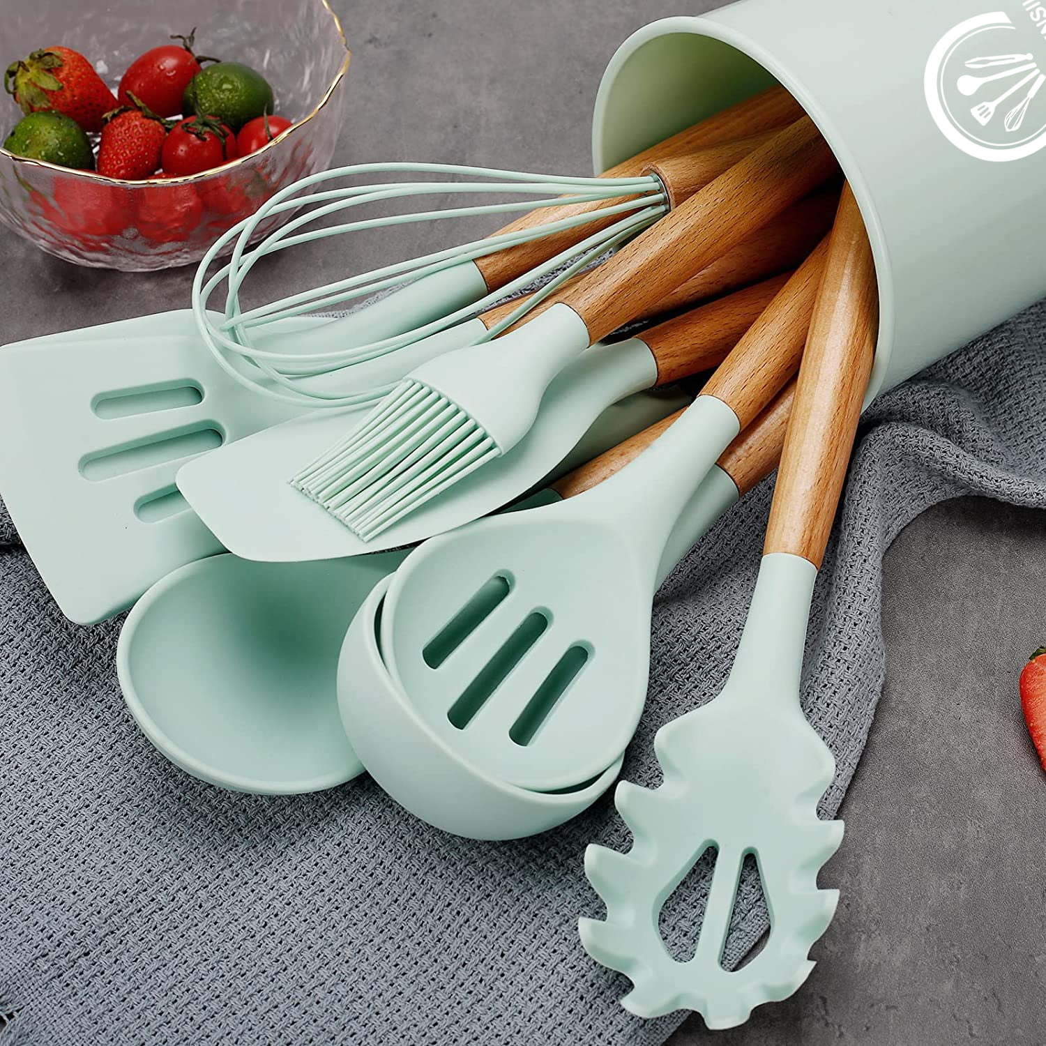 Silicone Cooking Utensils Set - 446°F Heat Resistant Silicone Kitchen  Utensils for Cooking,Kitchen Utensil Spatula Set w Wooden Handles and Holder,  BPA FREE Gadgets for Non-Stick Cookware (White) 