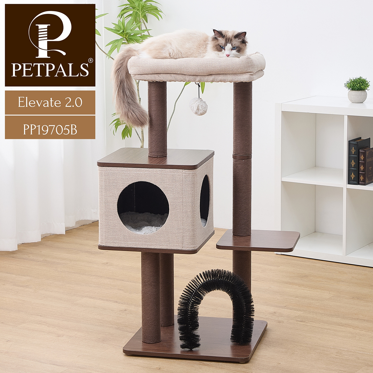 PetPals® Elevate  37” Modern Cat Tree with Recycled Paper Rope Posts, Washable Bed & Condo, Brown