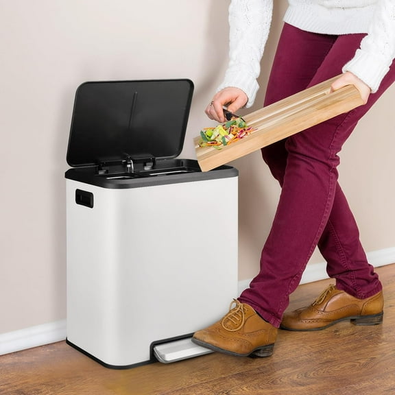 HELLONE 30L Dual Trash Can, 2 x 4 Gallon Stainless Steel Kitchen Trash Can with Lid and Foot Pedal, Double Compartment Garbage Can with Recycling Bin, White