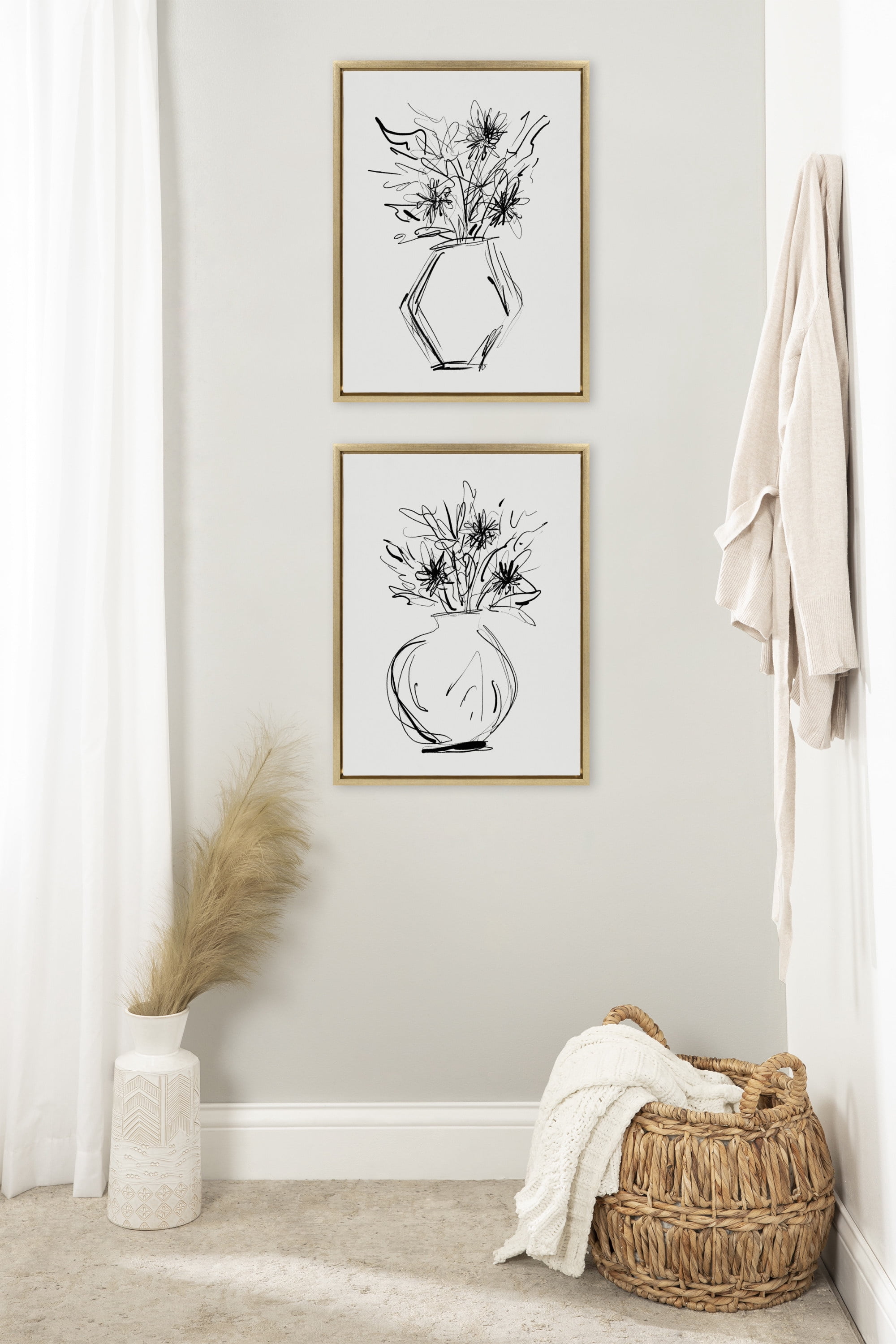 DesignOvation Sylvie BB Line Drawn Flower Vase Hexagon Framed Canvas Wall Art by Border Bloom, 18x24 Bright Gold, Minimalist Flower Home Décor