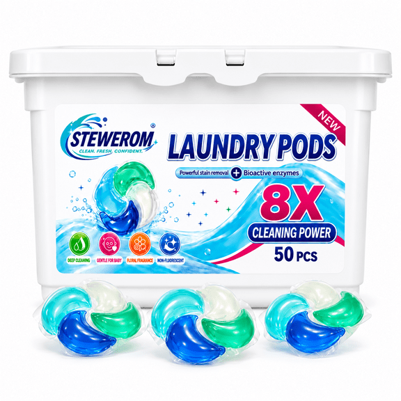 STEWEROM Laundry Detergent Pods, 50 Count, 4-Chamber Laundry Pacs, Fresh Clean Scent, Fast-Dissolving, Stain-Fighting
