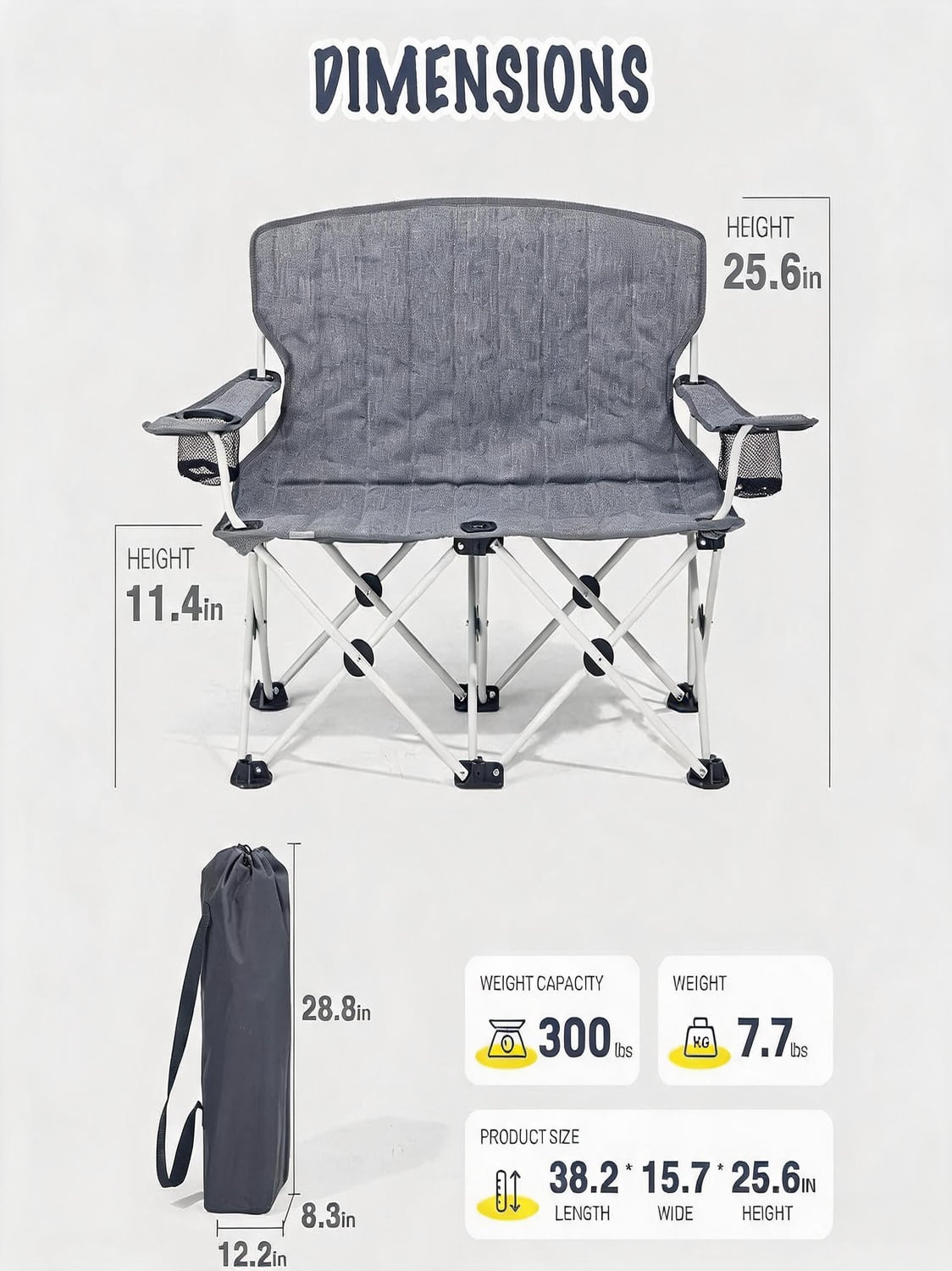 Double Kids Folding Camping Chair with Cup Holders Mesh Pocket Safety Lock and Padded Seat in Grey