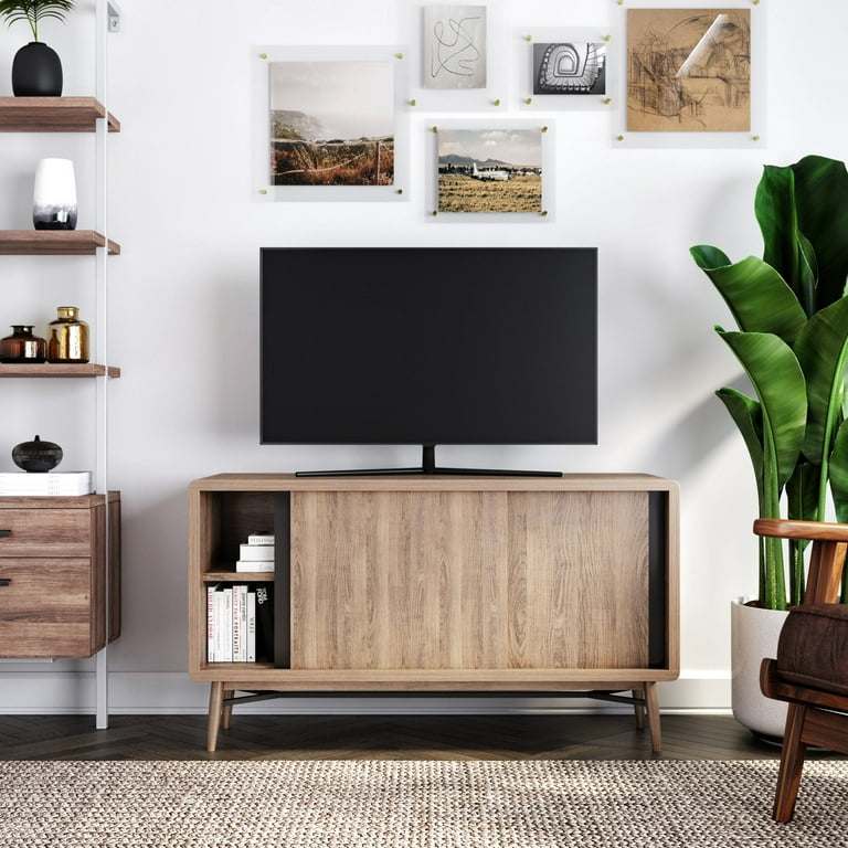 Walnut Floating TV Stand Media Console With Sliding Doors, TV