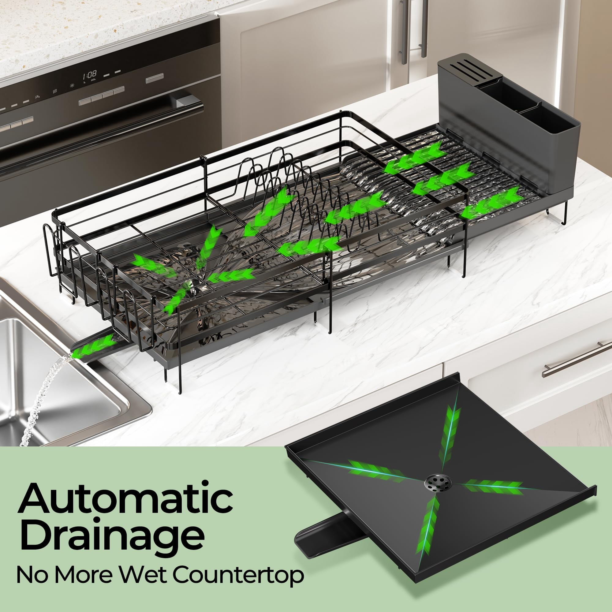 Dish Drying Rack Extendable Stainless Steel Multifunctional Drainer Black-1 Tier