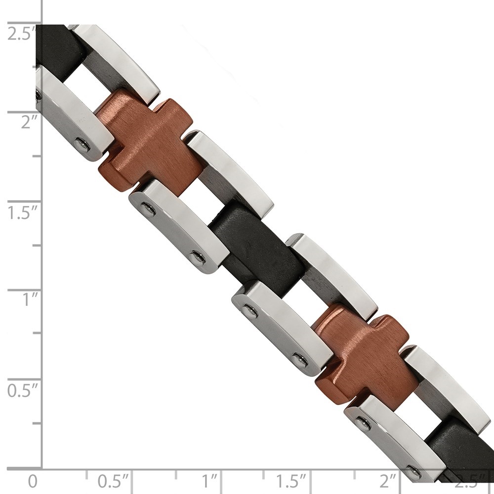Diamond2Deal Stainless Steel Brushed and Polished Black and Brown IP-Plated Cross Link Bracelet for Men 8.75"