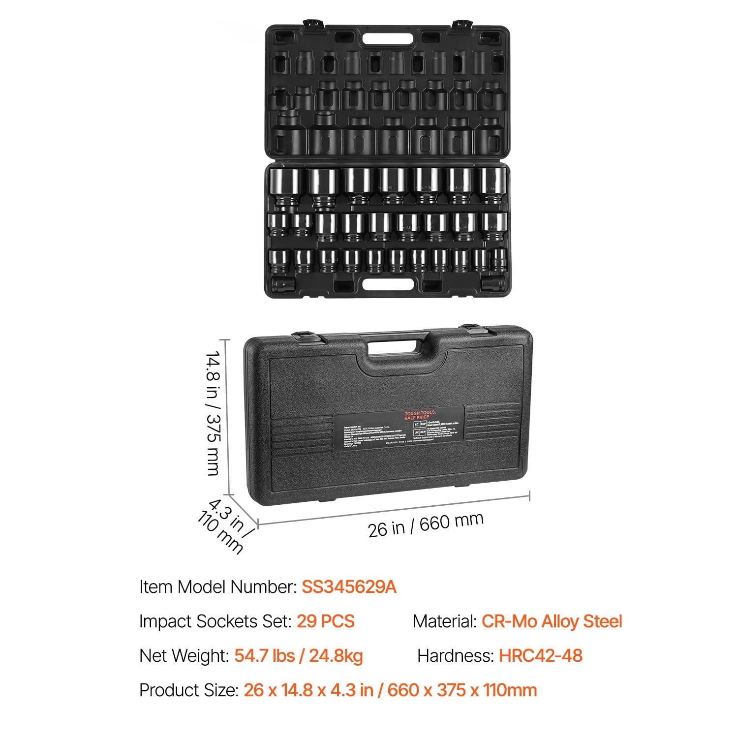 KFFKFF 29-Piece 3/4-Inch Drive Impact Socket Set, 6-Point Design, Durable CR-MO Construction, SAE Sizes from 3/4 Inch to 2-1/2 Inch, Includes Storage Case