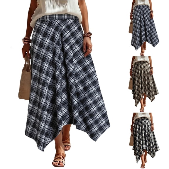 Women's High Waist Vintage Plaid A-Line Midi Skirt, Irregular Hem Flowy Casual Flare Skirt Navy XL(XL)