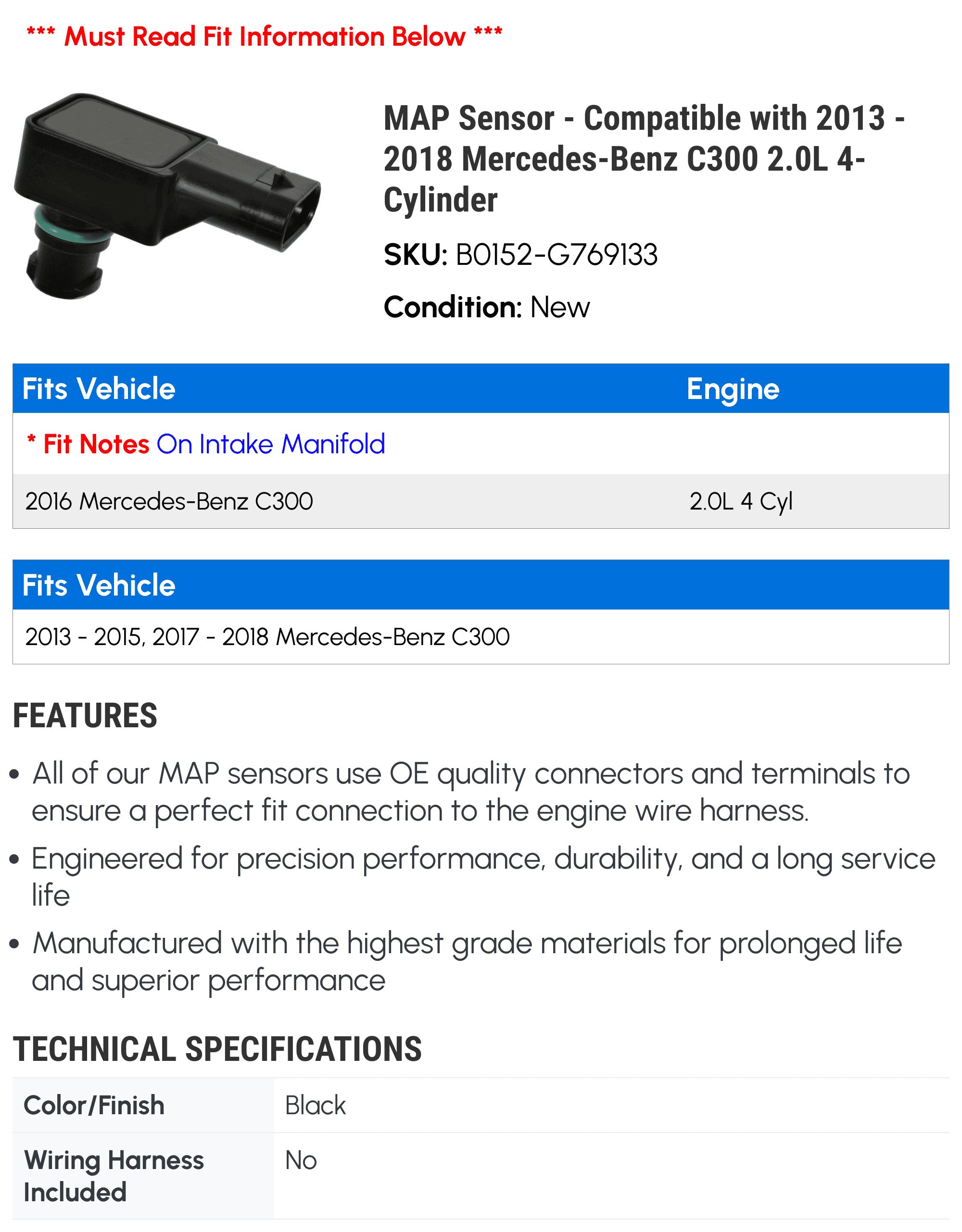 MAP Sensor - Compatible with 2013 - 2018 Mercedes-Benz C300 2.0L 4-Cylinder 2014 2015 2016 2017