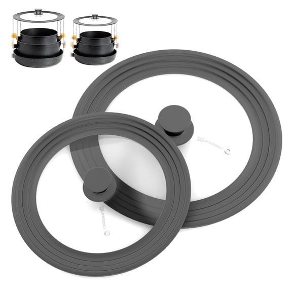 Loreso Universal Pan Lid for Pots Pans and Skillets 7.5-11.5 Inch - Tempered Glass Pot Lid Set with Auto-Sizing Silicone Rim, 2 Pack Grey