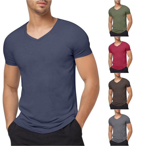XIAONU Mens Solid V Neck T Shirt Short Sleeve Slim Fit Basic Casual Tee
