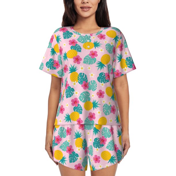 Balery Pineapple And Leaves Conjunto de Pijama para Mujer con Estampado, Dos Piezas de Manga Corta y Shorts, Ropa de Dormir Suave con Cuello Redondo y Bolsillos-3X-Large