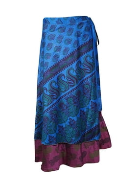 Mogul Women Blue,Pink Vintage Silk Sari Magic Wrap Skirt Reversible Printed 2 Layer Sarong Beach Wear Cover Up Long Skirts One Size
