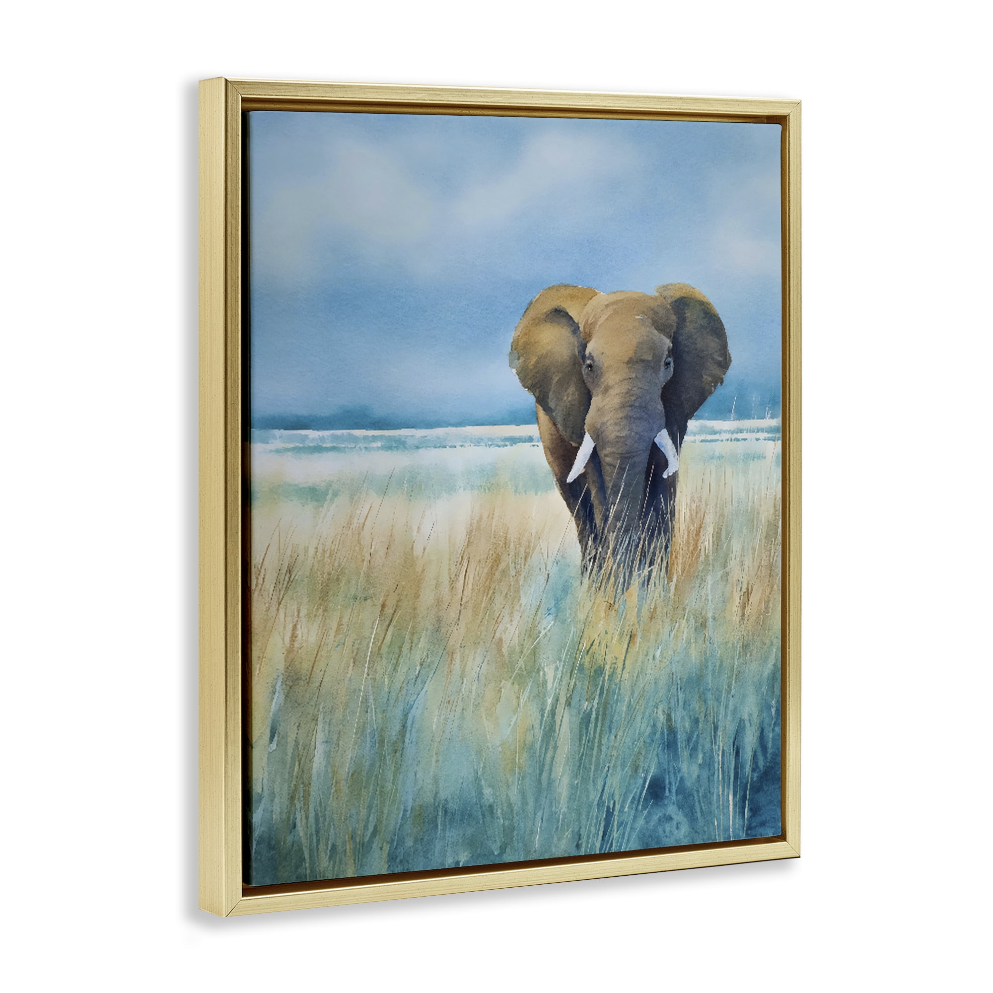 Stupell Industries Blue Grass Elephant Gold Framed Floater Canvas Wall Art, design by Franklyn Gregory