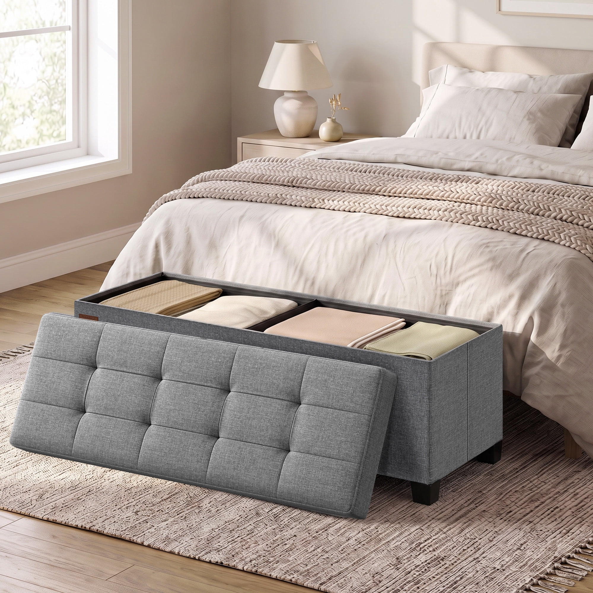 Ledrem Large Folding Storage Ottoman Bench with Footrest, Dove Gray
