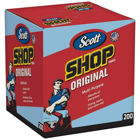 Scott Shop Towels Original 75190, Blue, Pop-Up Dispenser Box, 10 x 12, 200 Sheets / Box, 8 Boxes / Case, 1,600 Towels / Case