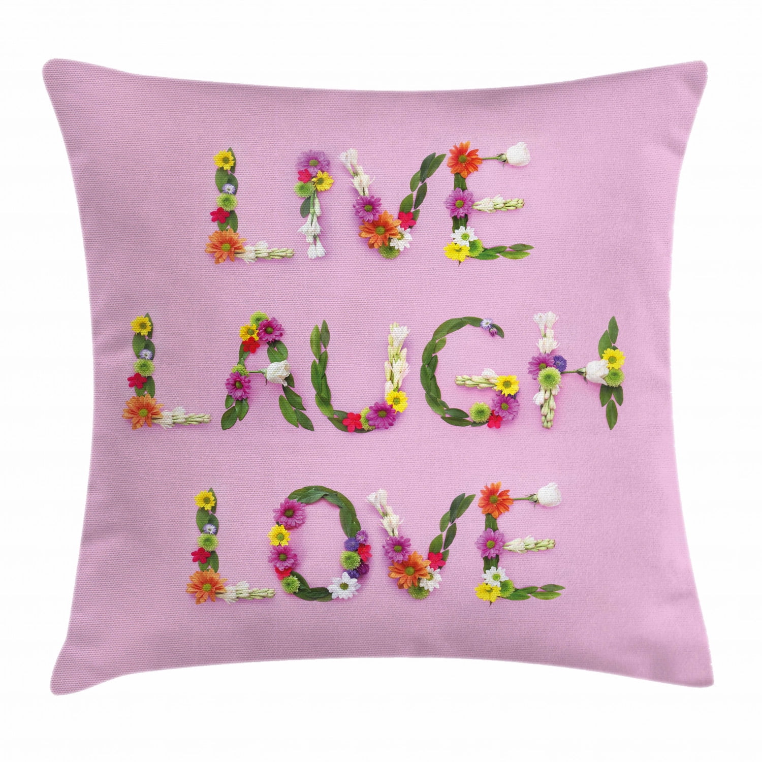 Live Laugh Love Throw Pillow Cushion Cover, Floral Quote Composition on