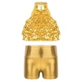thumbnail image 3 of TSSOE Kids Girls 2-Piece Dance Outfits Sparkly Halter Sequins Crop Top with Metallic Shorts Set Activewear Gold 6, 3 of 7