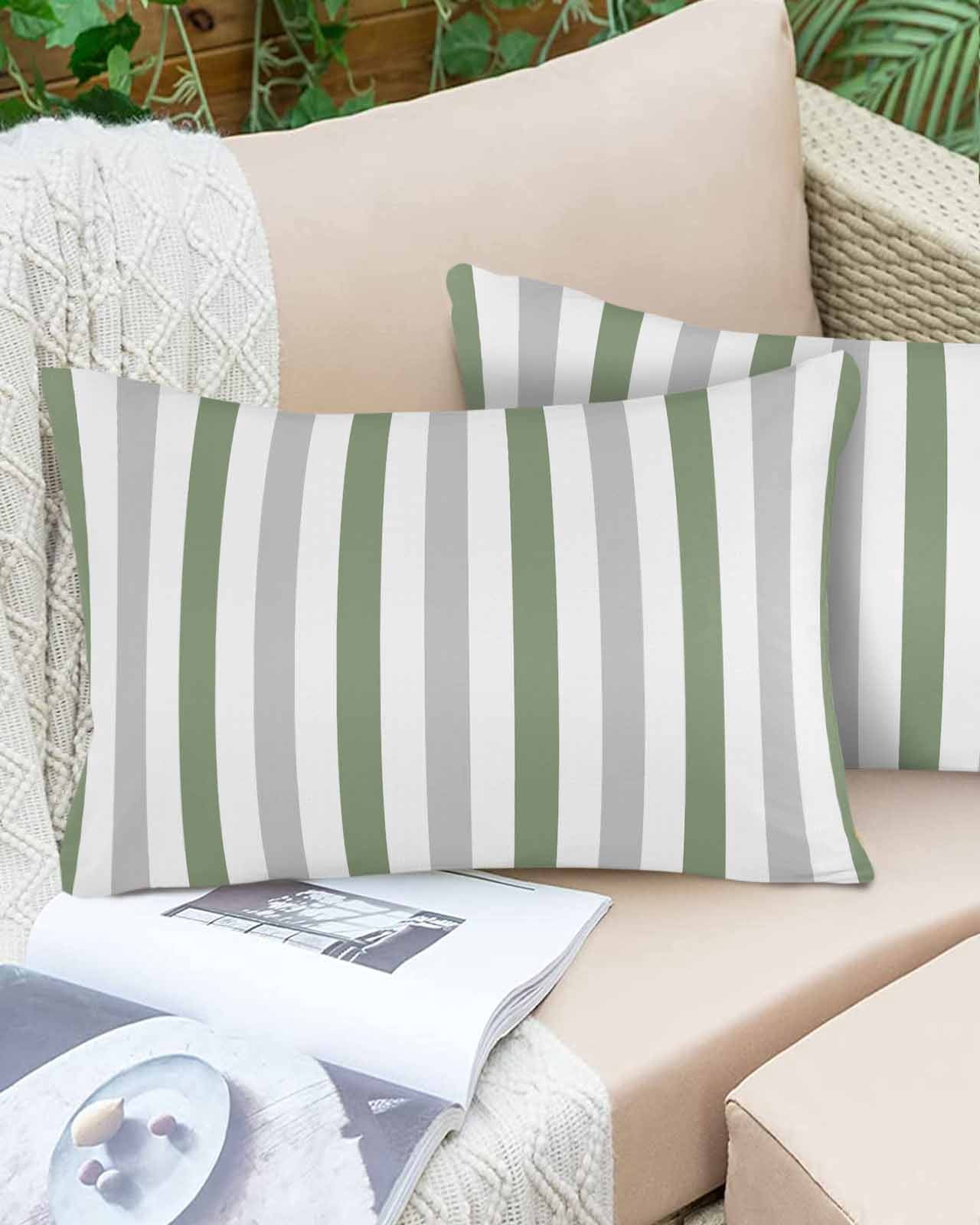 Outdoor Waterproof Throw Pillow Covers Set of 2 Sage Green Gray Stripes Decorative Pillowcases Lumbar Outdoor Pillows Cushion Case 20x12 Inch Lines Striped Patio Pillows for Couch Sofa Bed Garden