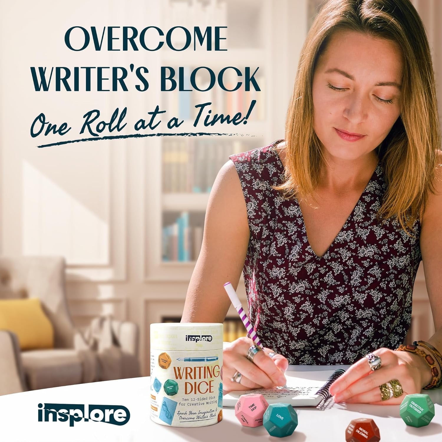 Insplore 12-Sided Writing Dice – Giftable Creative Writing Tool for Beating Writer's Block - 120 Inspiration Prompts Plus Fun Games and Challenges - Great Gift for Teen and Adult Authors