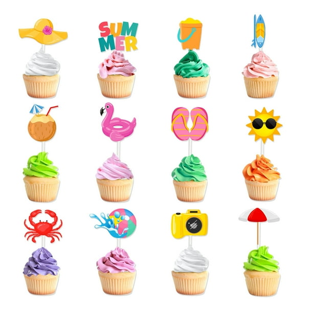 Paquete de 12 adornos para cupcakes con temática de playa hawaiana de verano, decoraciones para tartas de fiesta de cumpleaños con temática de piscina hawaiana para baby shower