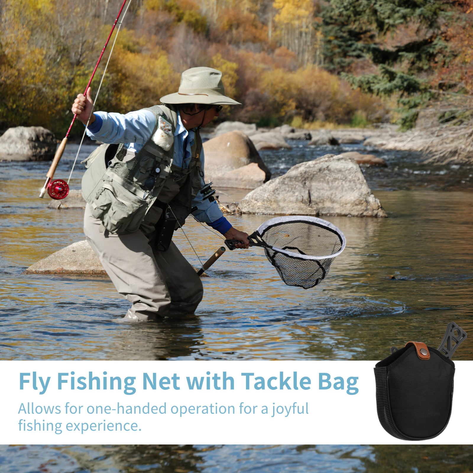 Folding Fly Fishing Net, Foldable Landing Trout Net with Tackle Bag, Lightweight Rubber-coated Mesh Net with Non-slip Handle, Fly Fishing Gear for Beginners