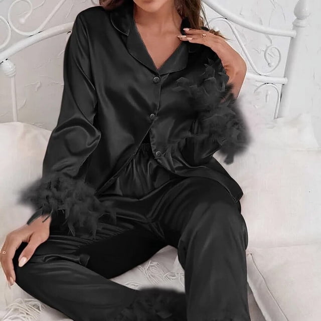 BKQU-Pijama de plumas para mujer, de 2 piezas ropa de dormir, Tops de manga larga con cuello vuelto, conjuntos informales de satén con pantalones, Otoño, 2023