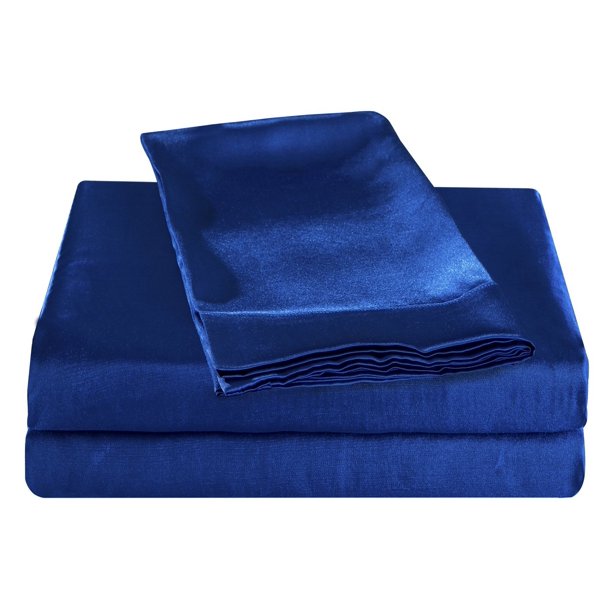 Honeymoon Luxury Satin Bed Sheet Set, Ultra Silky Soft, Full Blue