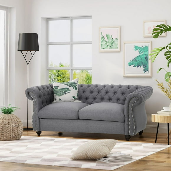 Somerville Traditional Chesterfield Loveseat Sofa, Dark Gray and Dark Brown
