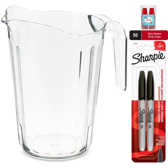 Party Serving Essentials Bundle with 60-Ounce Pitcher, 50 Red Cups, and 2 Black Sharpie Markers