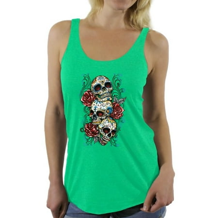 Skull Tank Pad Awkward Styles Three Sugar Skull Racerback Tank Top Sugar Skull Sleeveless Shirt Skull Gifts for Her Day of the Dead Outfit Halloween Tank Top for Women Dia de los Muertos Racerback Tank Skull Tank ()