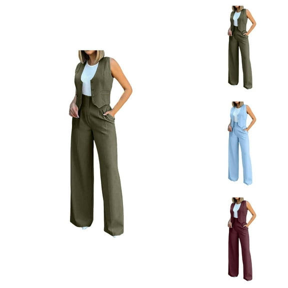 Womens Elegant Solid Color Suit Vest Tank Cardigan Pockets Tops Wide Leg Pants Suit Women Capri Pants Casual