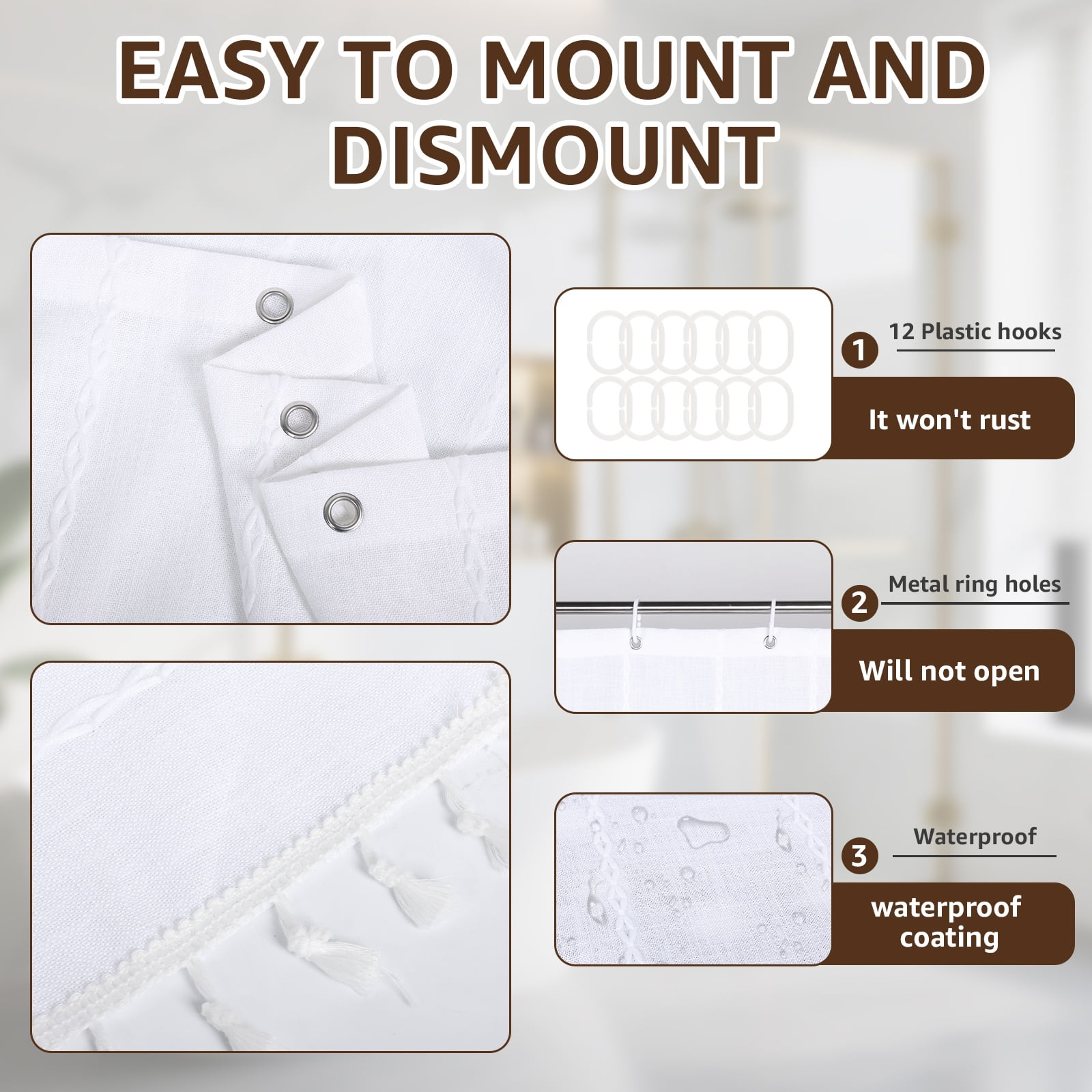 Dznils Boho Tassel Shower Curtain with Hooks, Farmhouse Thick Cloth Linen Fabric Bathroom Curtain, White, 72" x 72"