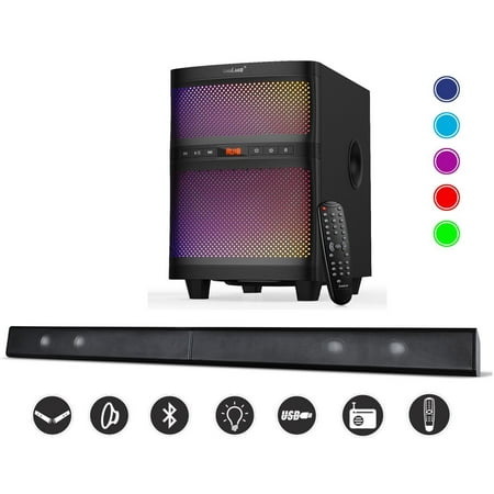 Roland Sound Equipment LuguLake Bluetooth TV Soundbar Speaker System with Subwoofer, Adjustable LED Light, FM Radio, USB Reader, Composable Floor Speaker ()