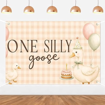 One Silly Goose Backdrop Goose 1st Birthday Party Decoration Our Little Goose is Turning One Brown Gingham Banner for Baby Boys Girls Cute Farm Animal First Bday Supplies 5 * 3ft