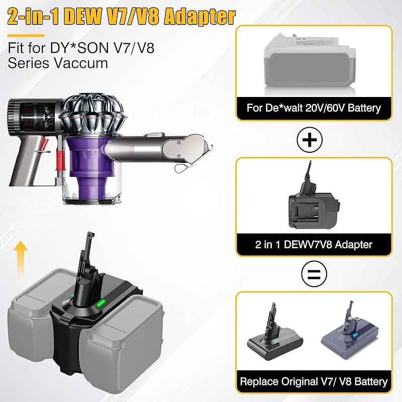 2-in-1 V7/V8 Double Battery Adapter,for De*walt 20V Battery Work for Dy*son V7+V8 Series Vacuum Cleaner,Higher Power and Longer Working Time