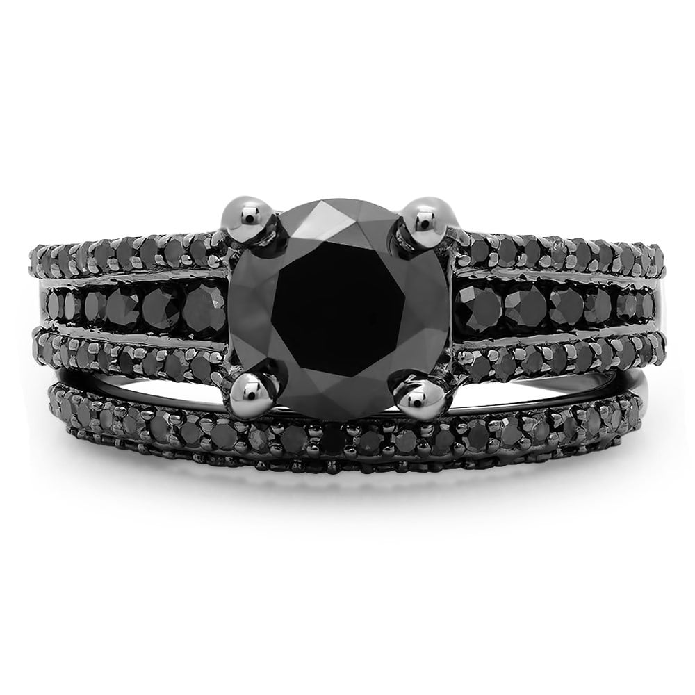 2.85 Carat (ctw) Black Rhodium Plated Sterling Silver Black Diamond Ladies Bridal Engagement Ring Set