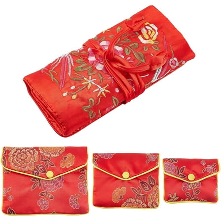 4 Pcs Jewelry Silk Purse Pouchs and Roll Set 4 Styles Vintage Embroidered Flower Jewelry Brocade Organizer Roll Wrap with Snap Button and Zipper Small Gift Bag for Travel Storage Jewelry