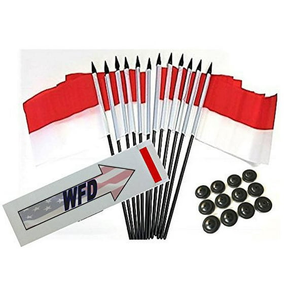 Box of 12 Indonesia 4"x6" Polyester Miniature Desk & Little Table Flags, 4x6 Indonesian Small Mini Hand Waving Stick Flags with 12 Flag Bases (Stands)