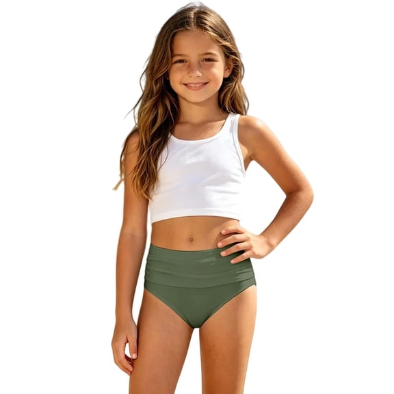Dakiuu Girls High Waisted Ruched Bikini Bottoms Color Block Solid Swim Briefs Swimsuit Quick-Dry Midrise Bathing Suit Shorts Swimwear Beachwear
