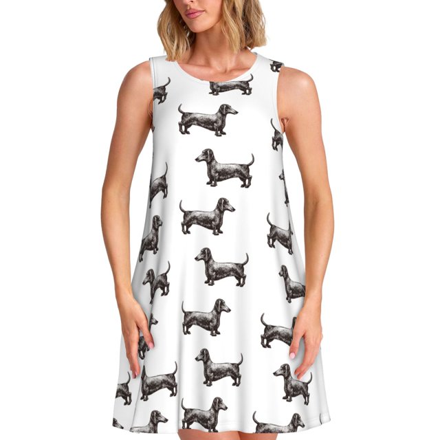Xecao Teckel Chiot pour Robes d'Été pour Femmes Robes Décontractées de Plage Sans Manches T-Shirt Robe Évasée avec Poches