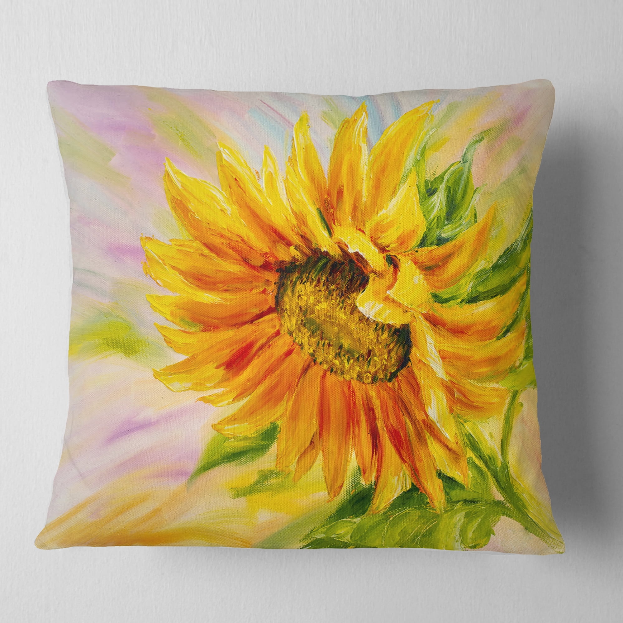 Designart Sunflower Oil Painting - Floral Throw Pillow - 16x16