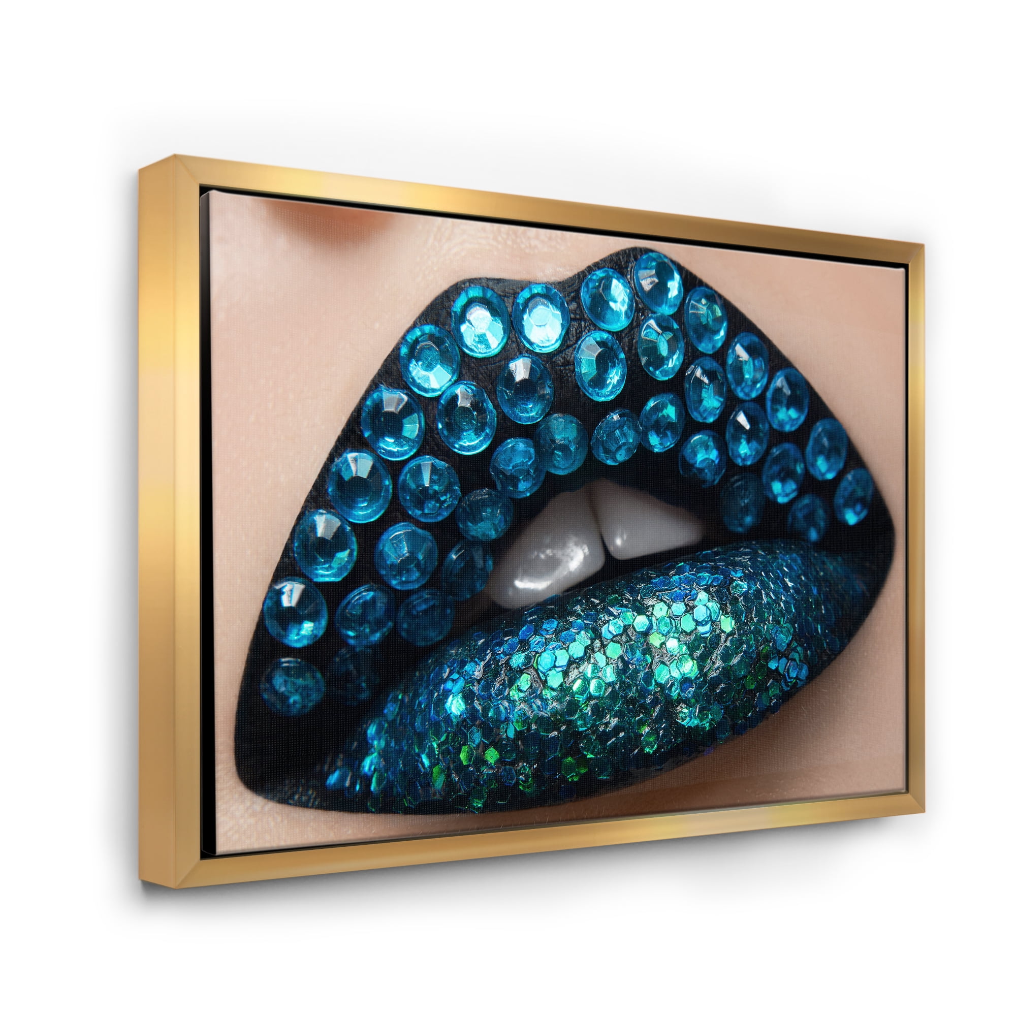 Designart 'Woman Lips With Black Lipstick Blue Diamonds' Modern Framed Canvas Wall Art Print