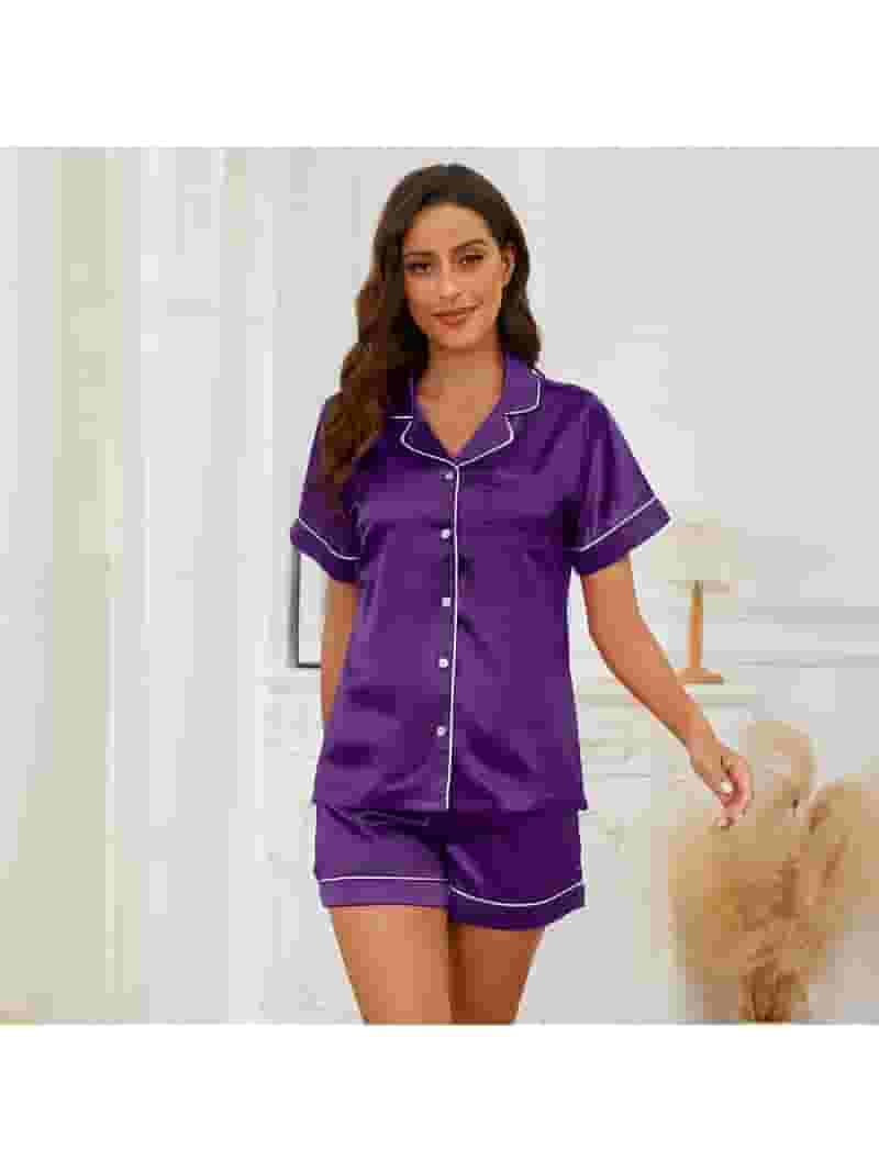 【Anyone more】Lina nylon string short sleeve two-piece Set U2SKIIN Silk Pajamas for Women Shorts Set, Short Sleeve