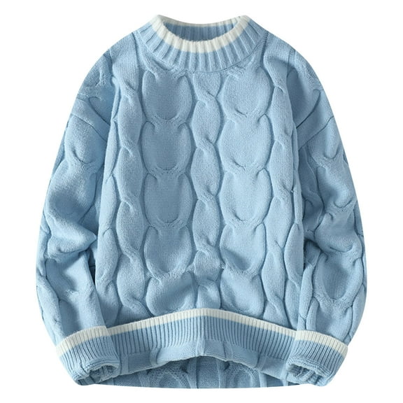ibuvkizy Sweaters for Men Fall Winter!Men's Cable Striped Knit Sweater Crew Neck Sweater Long Sleeve Pullover Top Blue,M