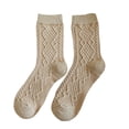 thumbnail image 1 of 2 Pairs Women Socks Thick High Elasticity Rhombus Texture Middle Tube Breathable Keep Warm Solid Color Autumn Winter Ladies Thermal Long Socks for Daily Wear,Light Khaki, 1 of 8